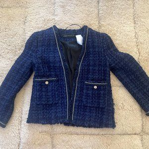 RARE ZARA BLAZER TWEED BLUE WITH GOLD BUTTONS JACKET COAT EXTRA SMALL - XS